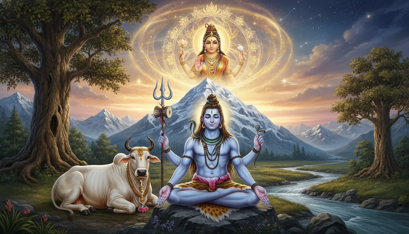 Shiva sitting with sacred bull and a divine female figure above
