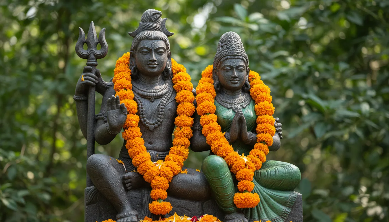 A dark stone statue of Shiva and Parvati decorated with bright orange marigold garlands against a green background.