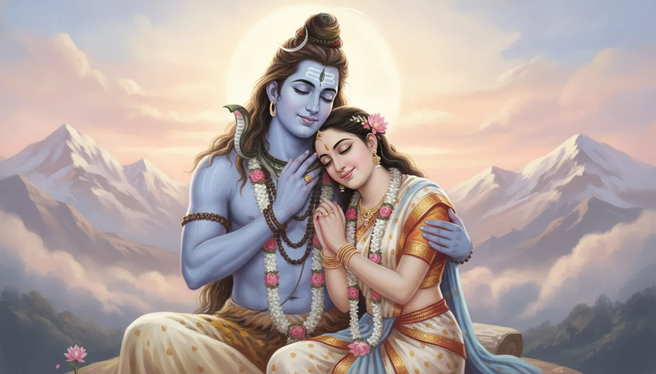 Artistic illustration of Shiva and Parvati in a peaceful pose