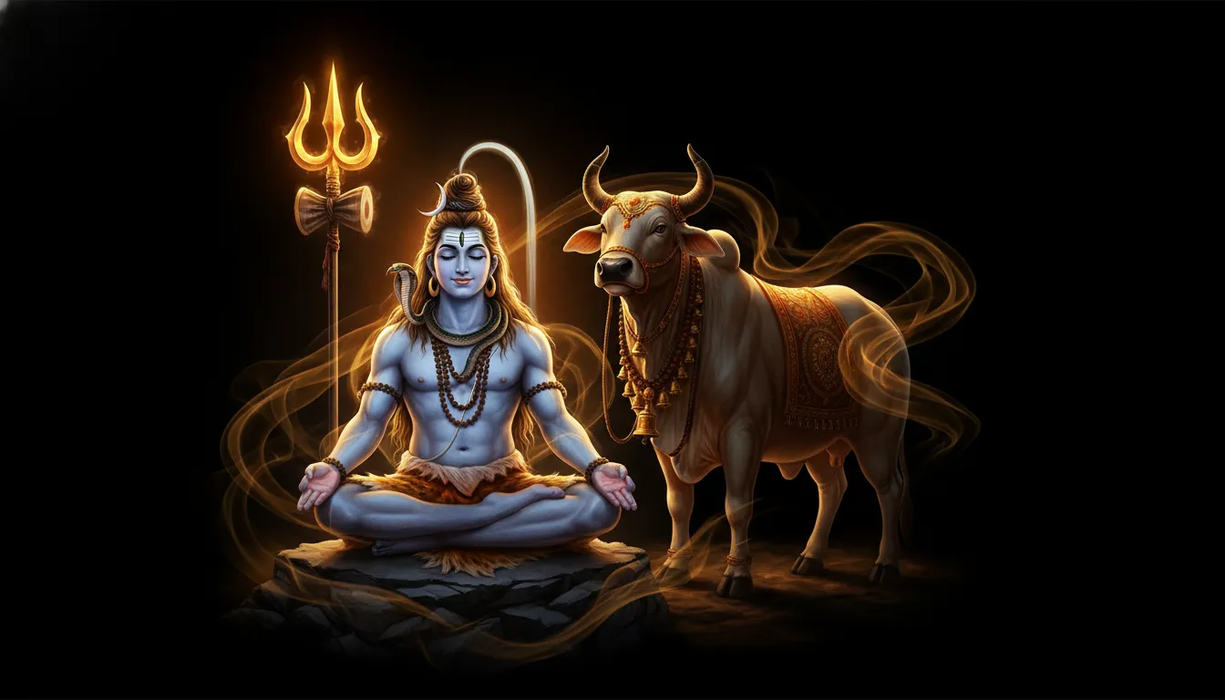 Lord Shiva seated in meditation on a dark background with a glowing trident and sacred bull beside him.