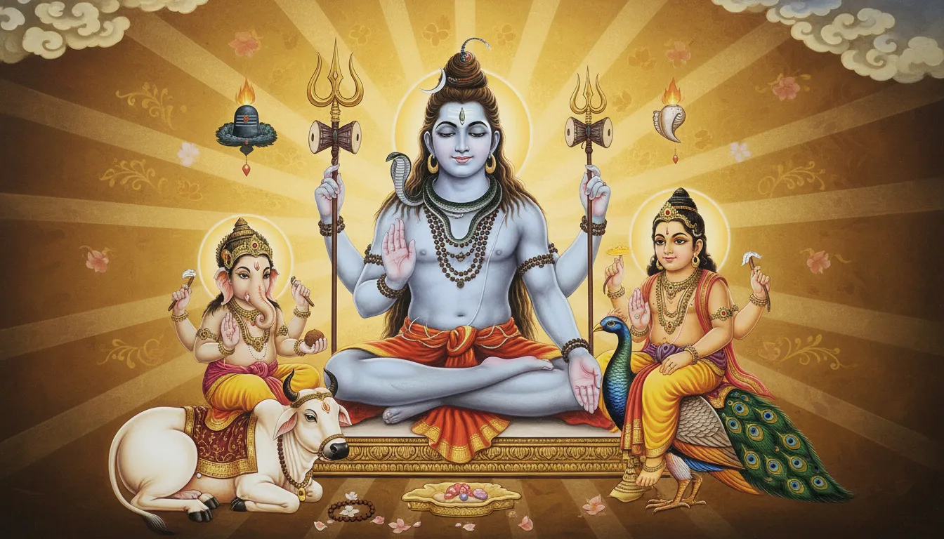 Lord Shiva sits with two young divine figures, surrounded by sacred animals, weapons, and a glowing celestial background.