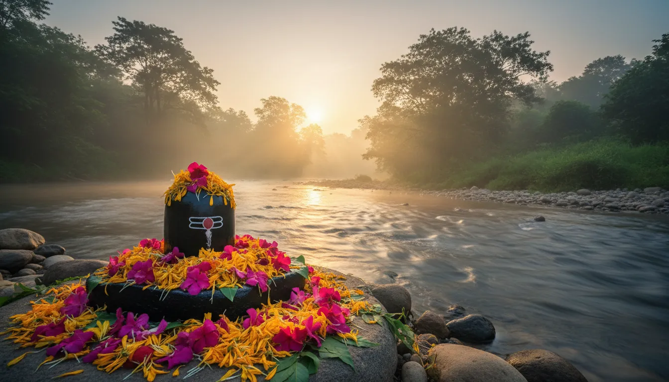 A black Shivling decorated with colorful flowers beside a flowing river during a misty sunrise.