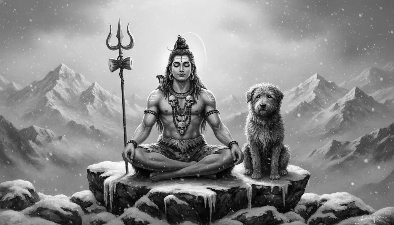 Illustration of Lord Shiva seated in a snowy mountain landscape beside a loyal dog and holding a trident.