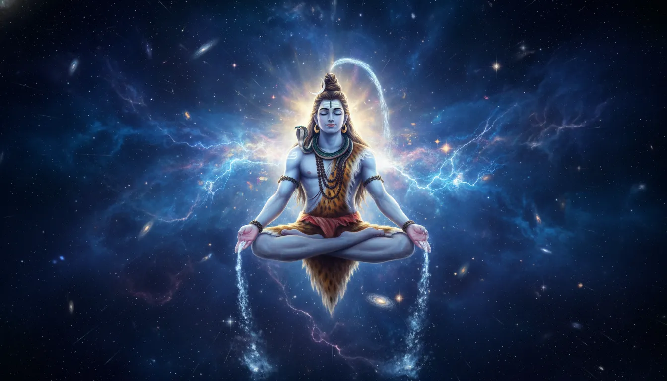 Lord Shiva meditating while floating in a blue ethereal cosmic nebula.