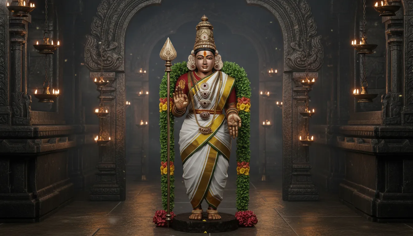 A Hindu deity stands in a temple shrine holding a spear, wearing a crown, jewelry, white garments, and a long green garland.