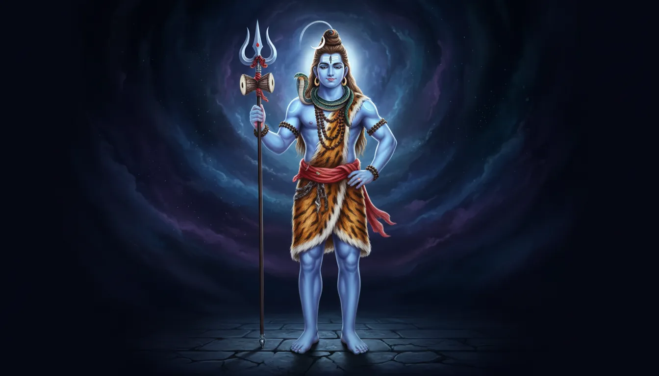 Full-body digital artwork of Lord Shiva standing with a trident and snake around his neck against a dark background.