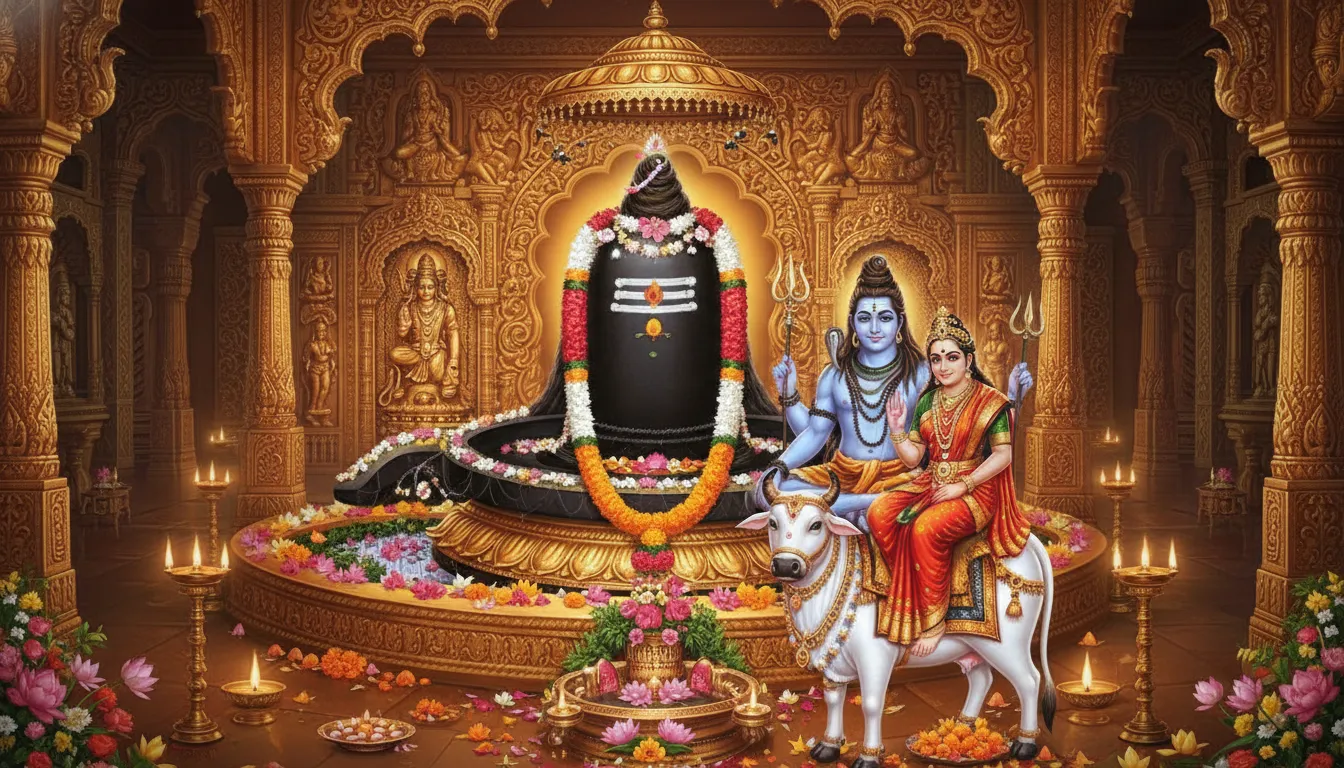 Sacred Shiva Lingam inside a decorated temple with Shiva, Parvati, and Nandi in devotional form.