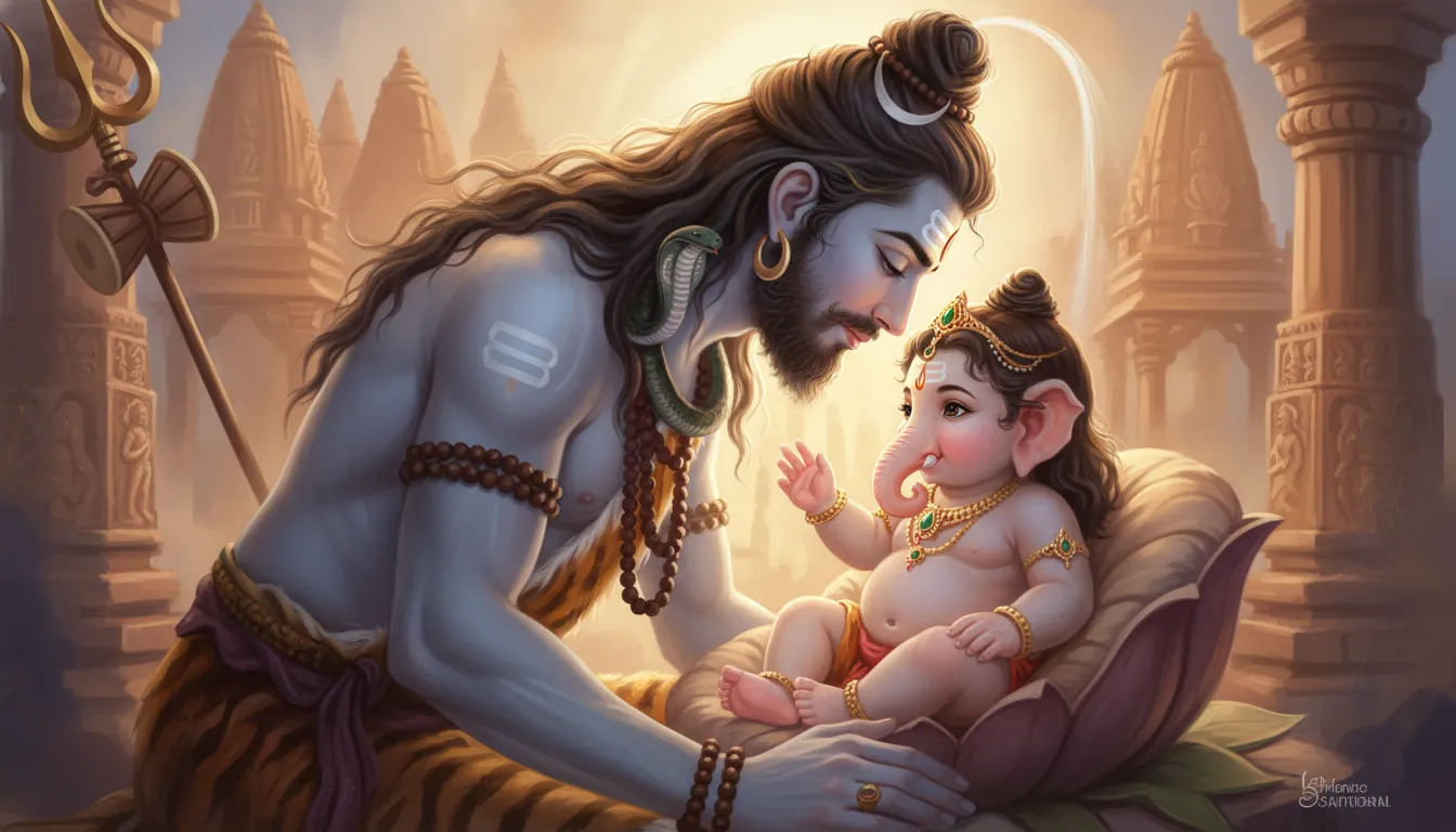A cinematic close-up of Lord Shiva touching foreheads with a small, infant Lord Ganesha.