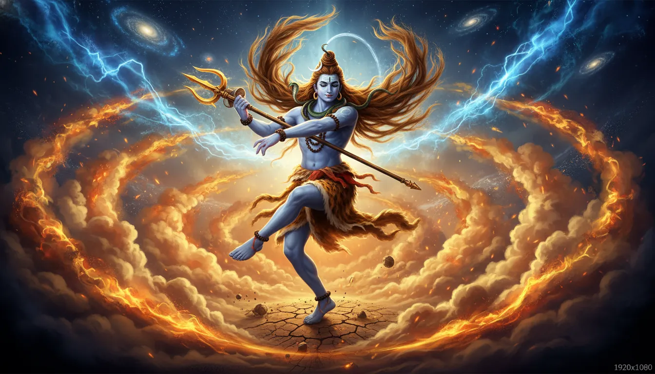 Lord Shiva performing the cosmic dance of Tandava amidst golden clouds, holding a Trishul.