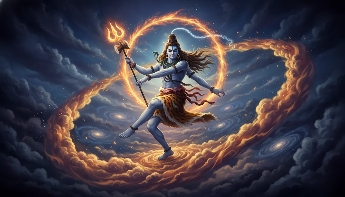 Lord Shiva performing the cosmic dance of Tandava amidst golden clouds, holding a Trishul.