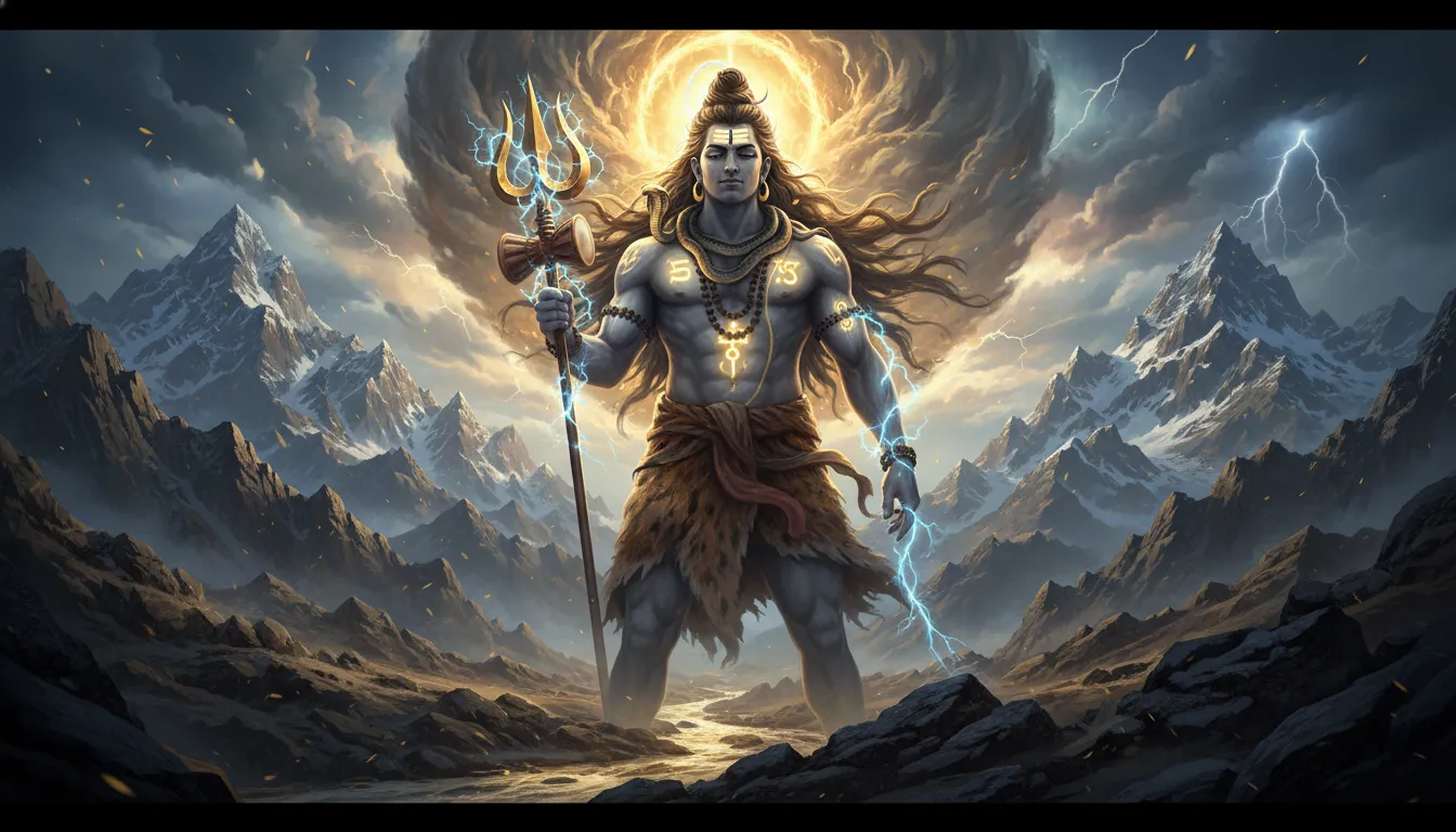 A muscular, glowing golden Lord Shiva standing amidst mountains holding a flaming Trishul.