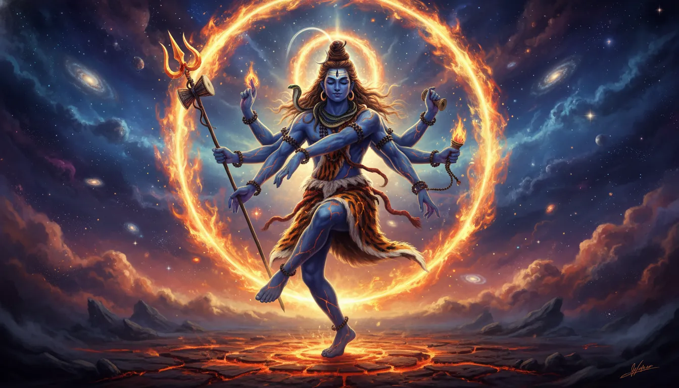 A multi-armed Lord Shiva in a dancing pose with lava-like cracks on his skin and a golden halo.