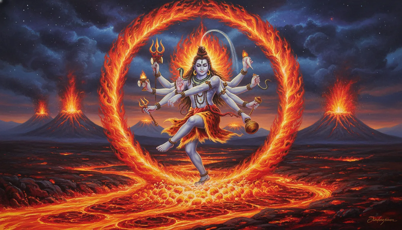 : Lord Shiva performing the Tandava dance with multiple arms, holding a Trishul and Damru over a volcanic landscape.