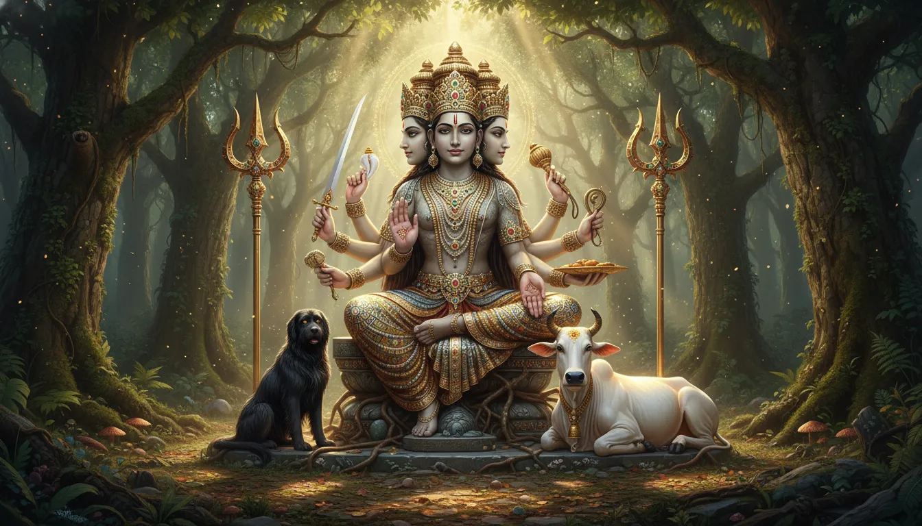 A three-faced divine figure seated in a misty forest with tridents, animals, ornaments, and glowing background light.