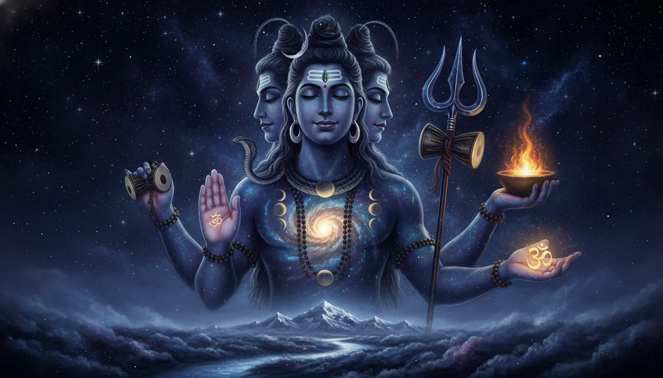 A cosmic representation of Lord Shiva with three faces and multiple arms in deep space.
