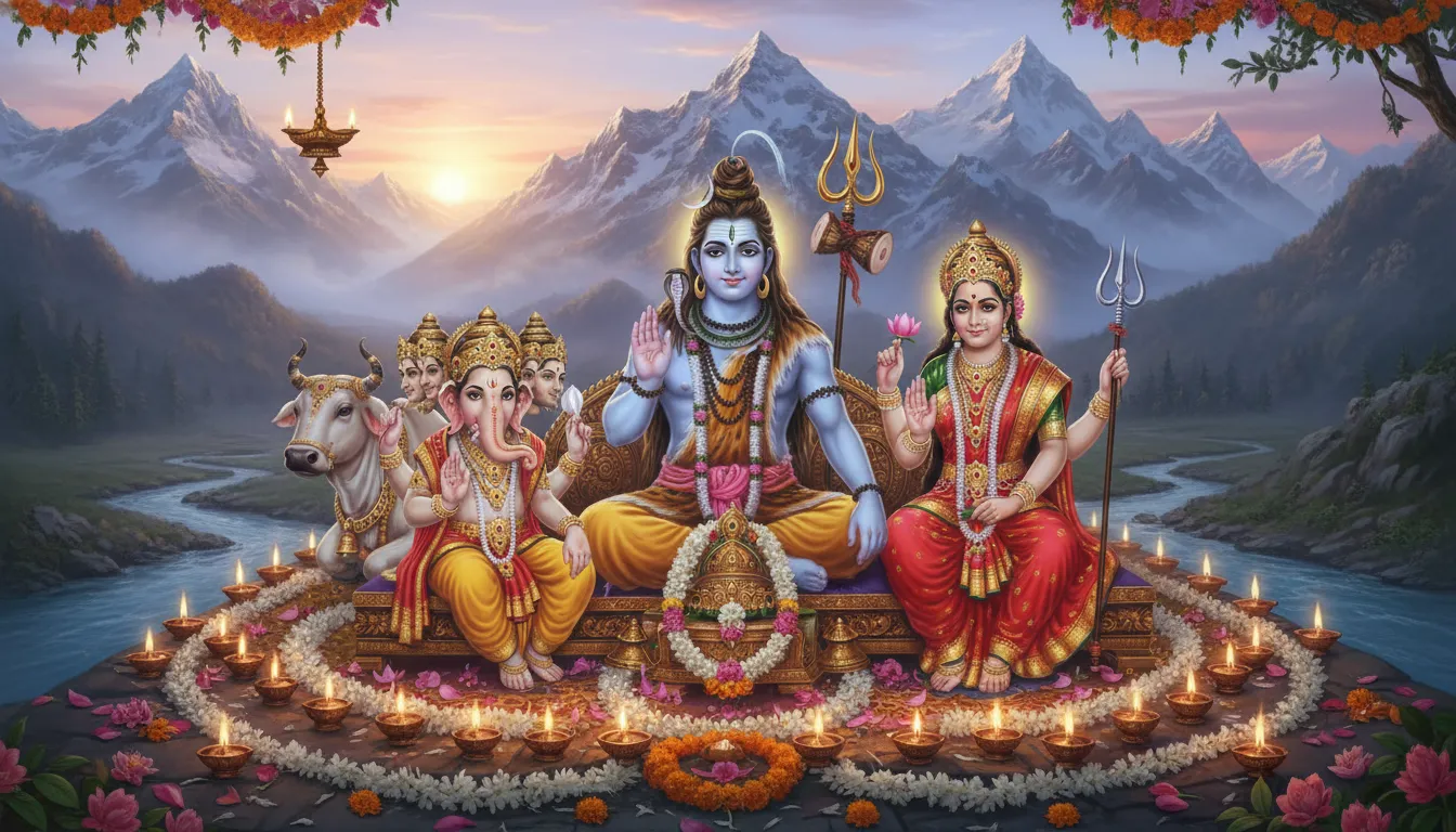 Lord Shiva family blessing image HD with Parvati Ganesha Kartikeya and Nandi.