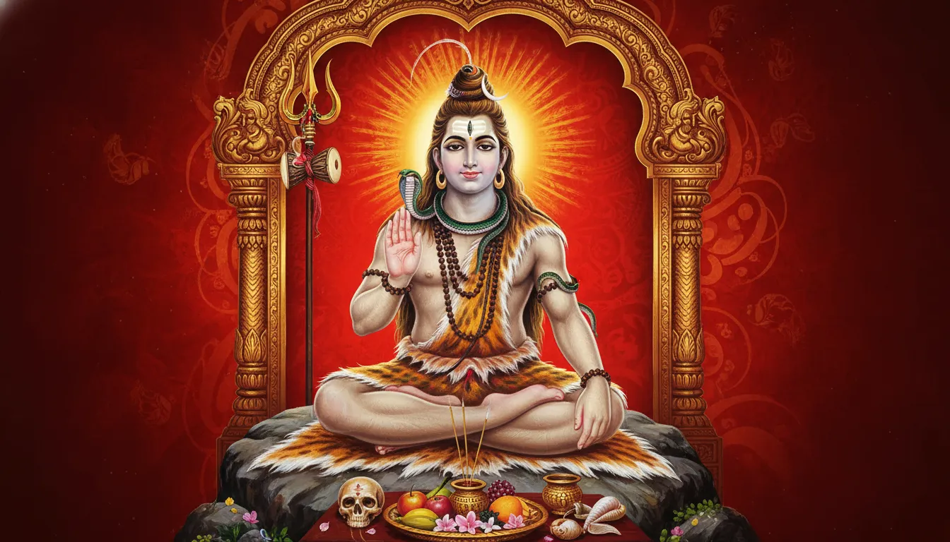 Lord Shiva seated in a blessing pose with sacred objects, ornaments, and devotional elements around him.