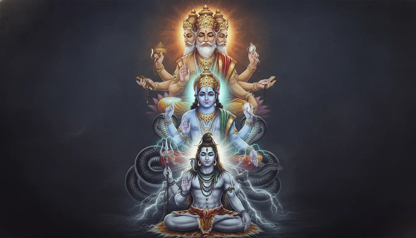 Artistic depiction of Brahma, Vishnu, and Shiva in divine trinity arrangement.