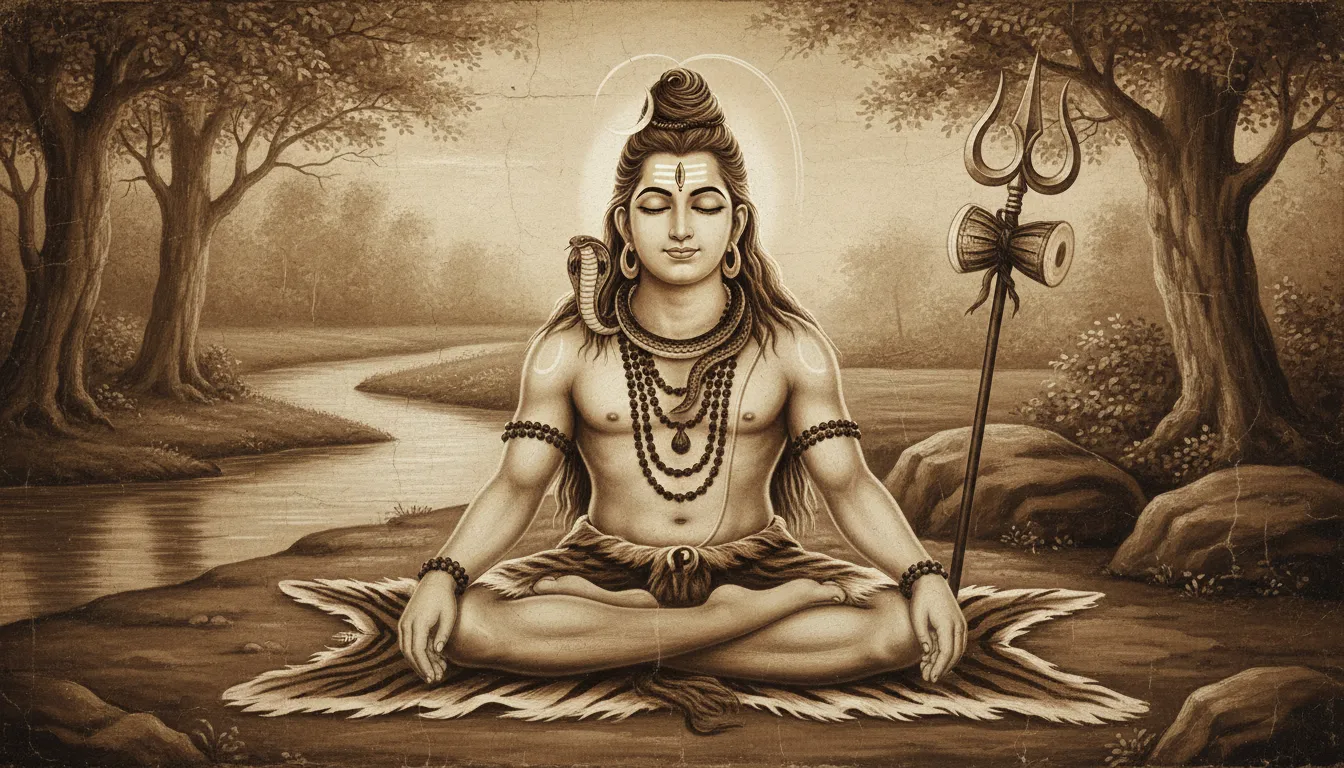 A classic monochrome sketch of Lord Shiva meditating on a tiger skin near a river.