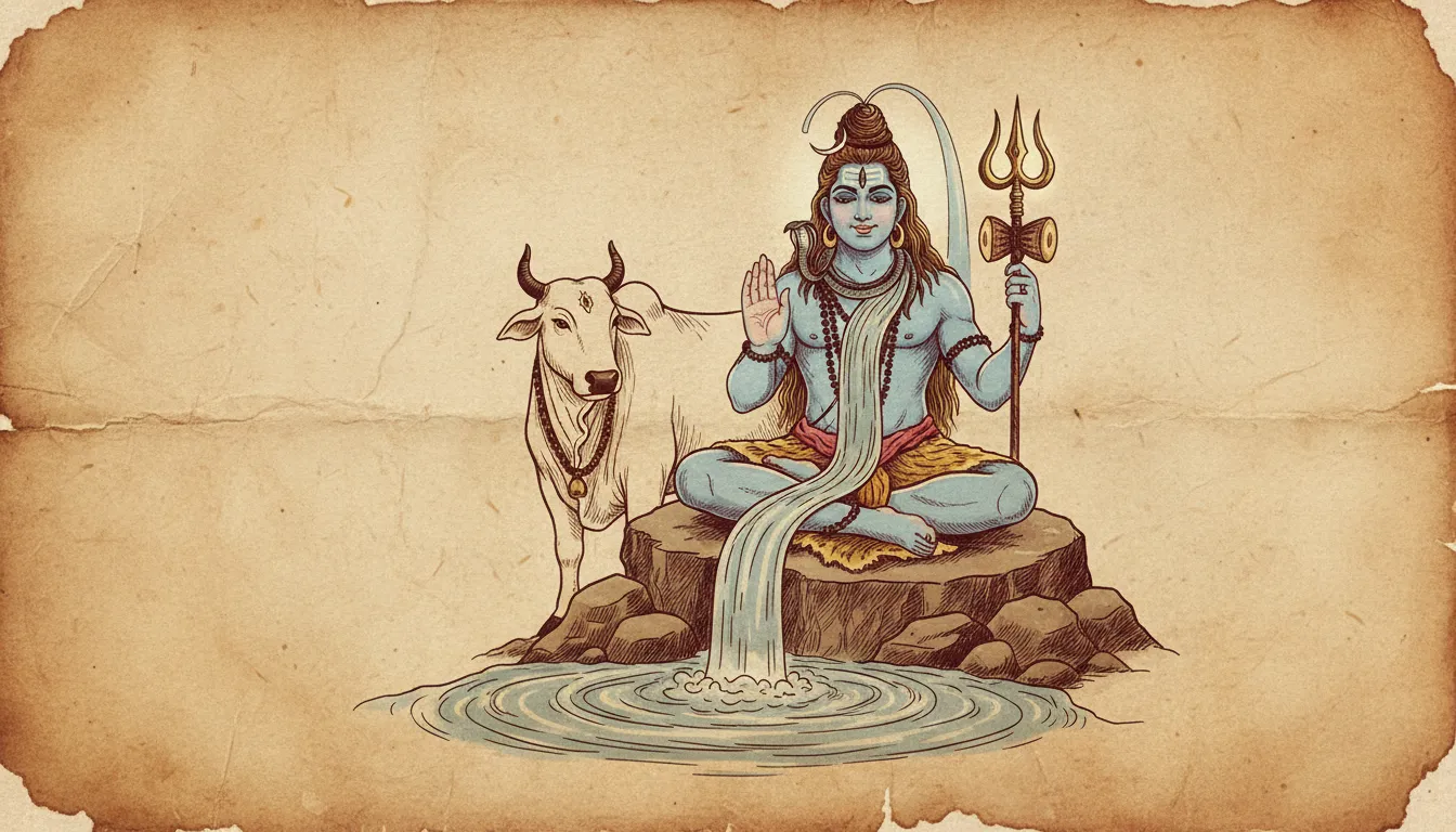 A classic black and white style illustration of Lord Shiva with Nandi and the Trishul.