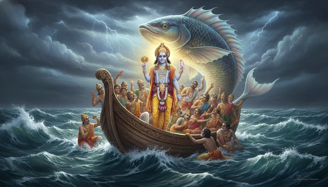 Lord Vishnu standing in a boat with devotees while a giant fish rises from the ocean.