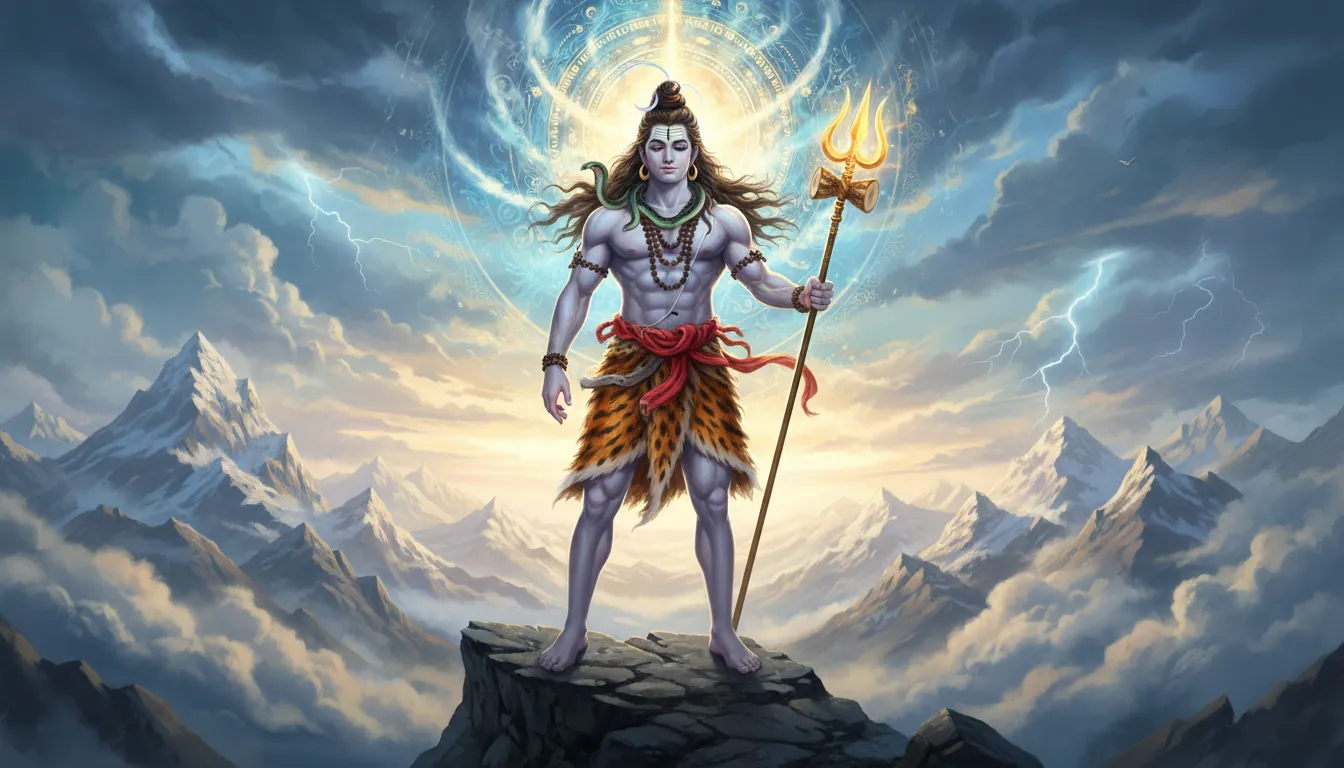 Heroic artwork of Lord Shiva standing on a rocky mountain holding a trident with flowing hair and glowing energy.