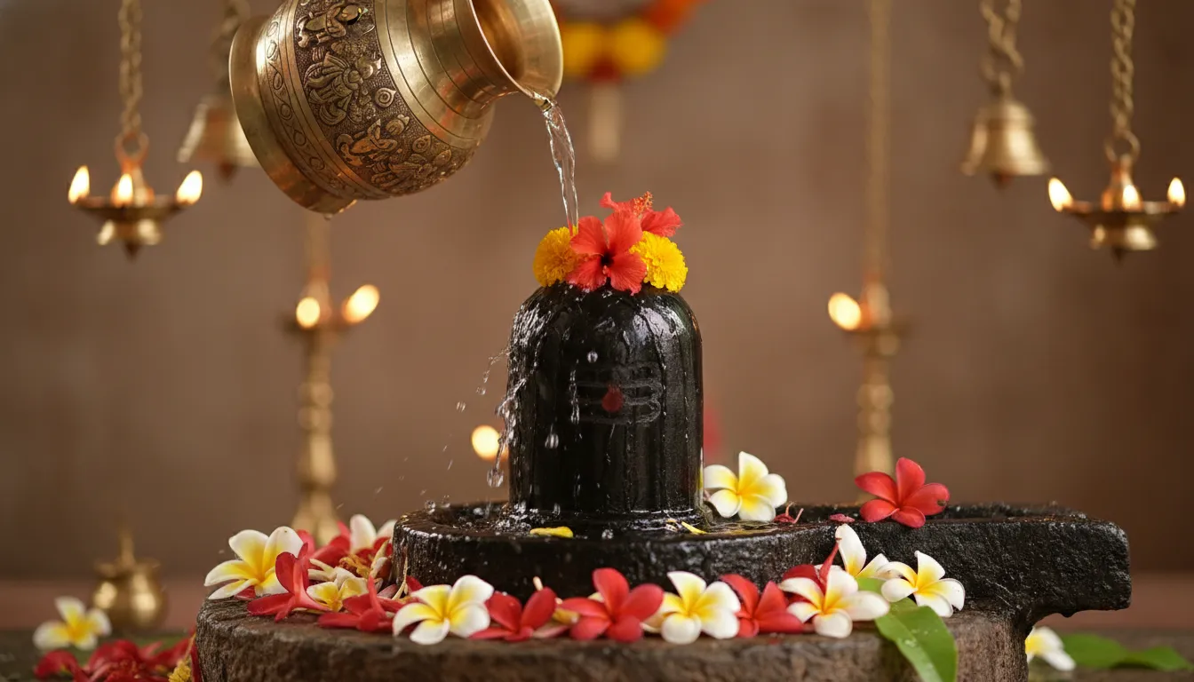 Water pours from a brass vessel onto a black Shiva lingam decorated with flowers during a temple ritual.