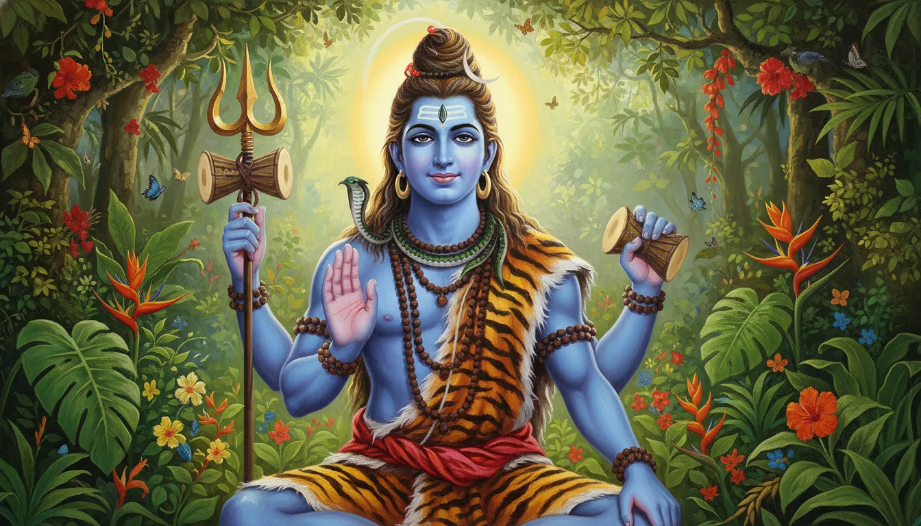 A vibrant painting of a youthful Lord Shiva sitting in a lush forest