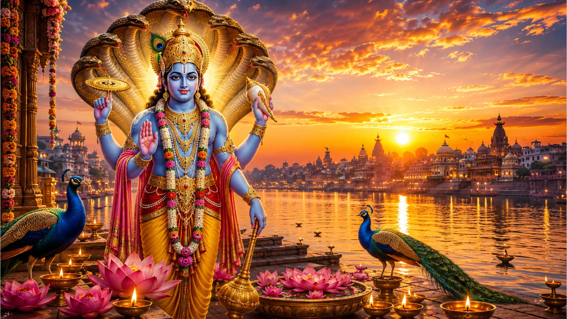 A blue-skinned Hindu deity in golden attire stands by a glowing waterfront with peacocks, lotus flowers, oil lamps, and a city skyline at sunset.