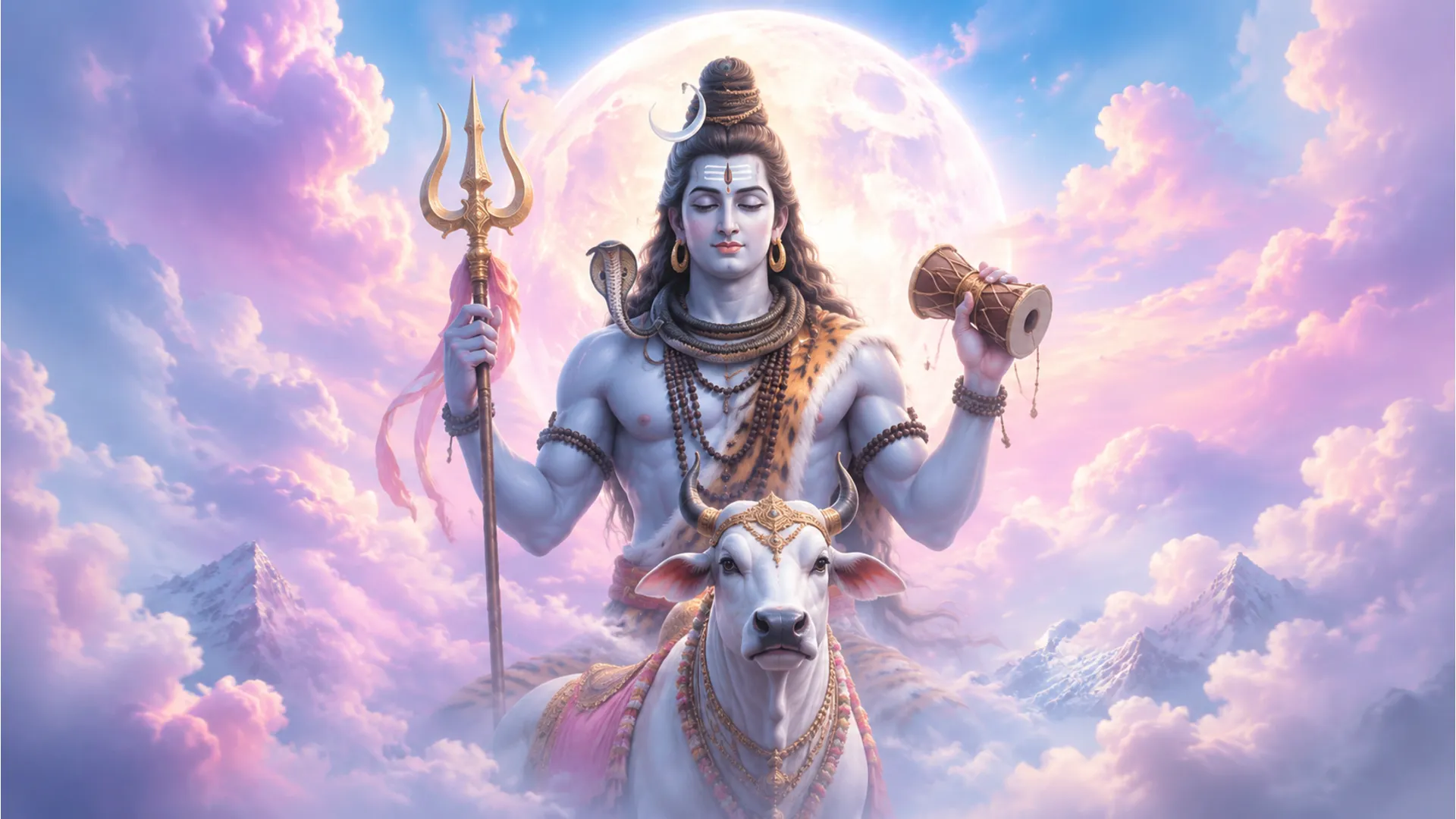 Lord Shiva appears in a soft heavenly sky with Nandi below, surrounded by pastel clouds and moonlight.