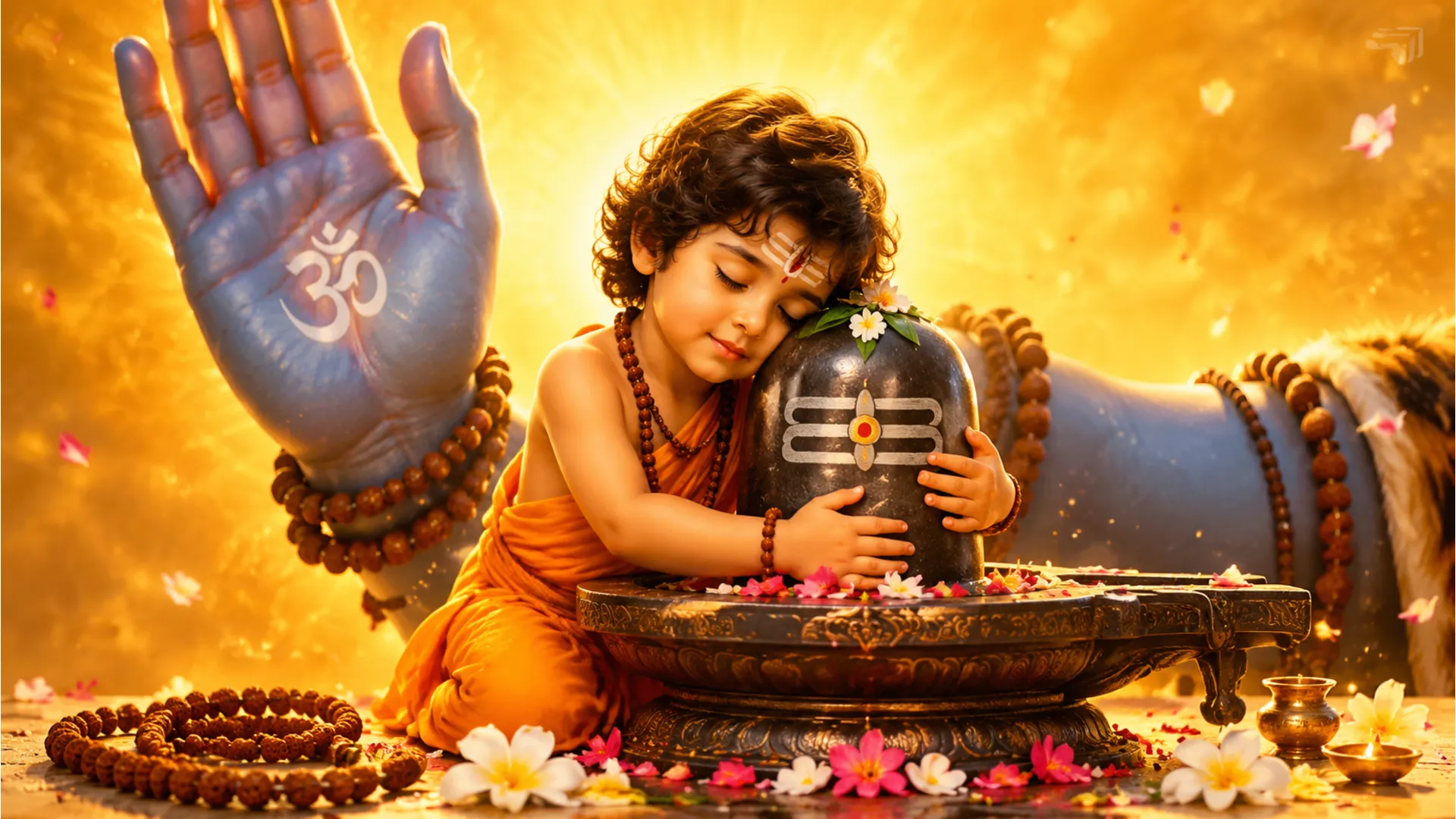 A young child lovingly hugs a Shiva lingam in front of a large blue divine hand and golden background.