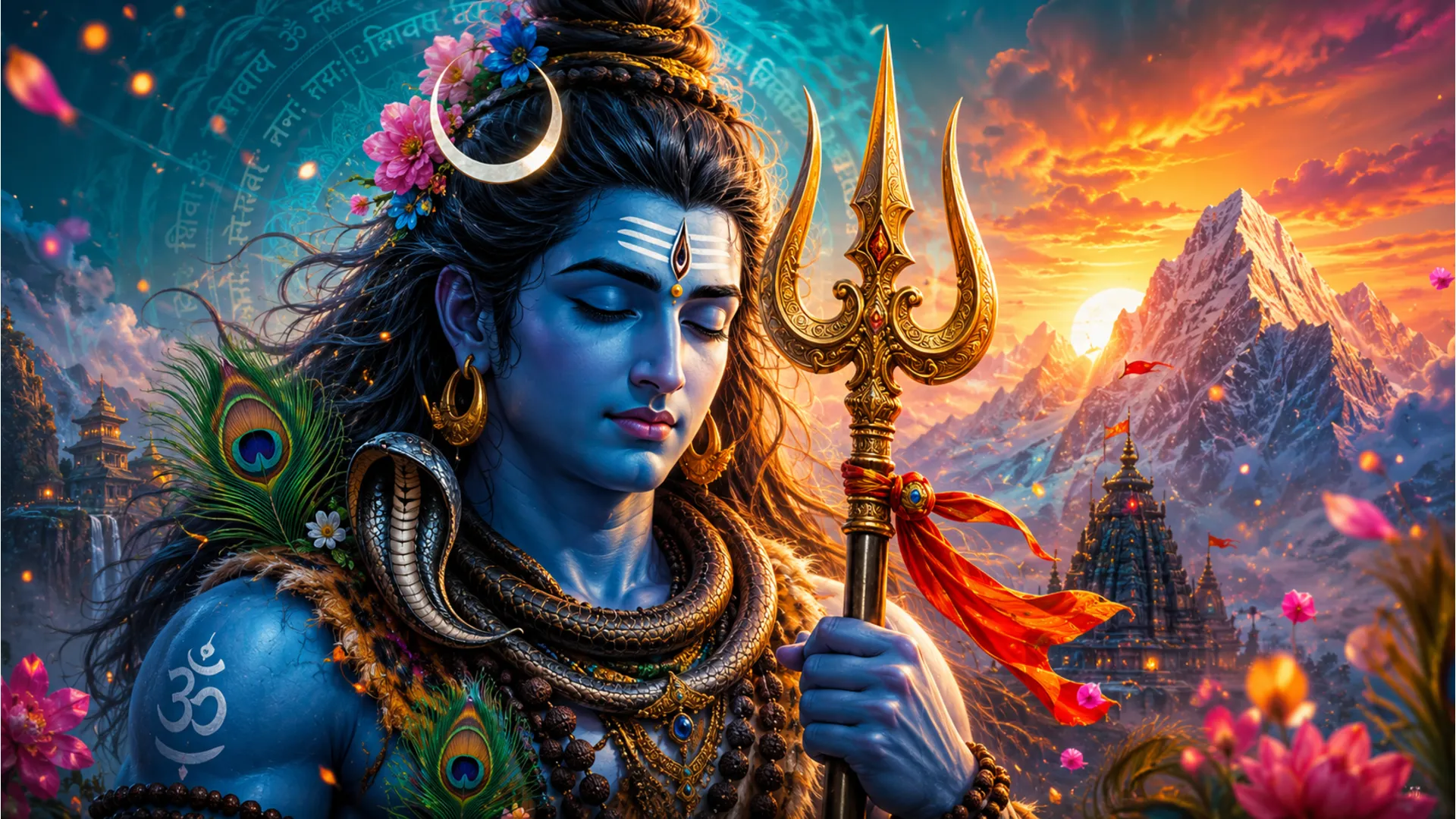Lord Shiva holds a golden trident while colorful clouds, glowing particles, flowers, and peacock feathers surround him.