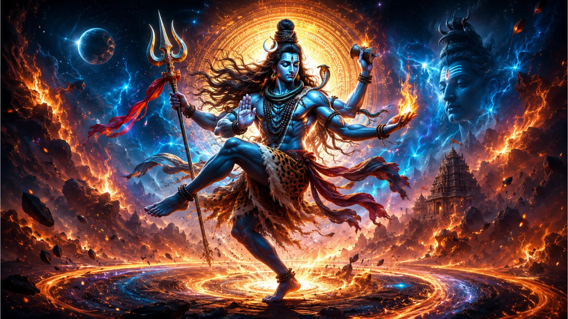 Lord Shiva dancing with multiple arms, holding fire and a trident in a dramatic cosmic scene.