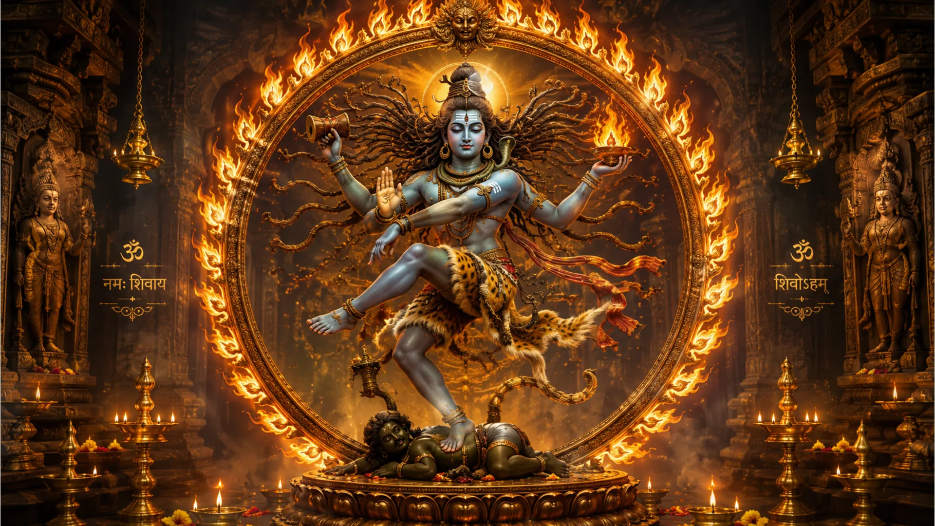 Lord Shiva performing the cosmic dance inside a glowing circular frame with flames surrounding him.