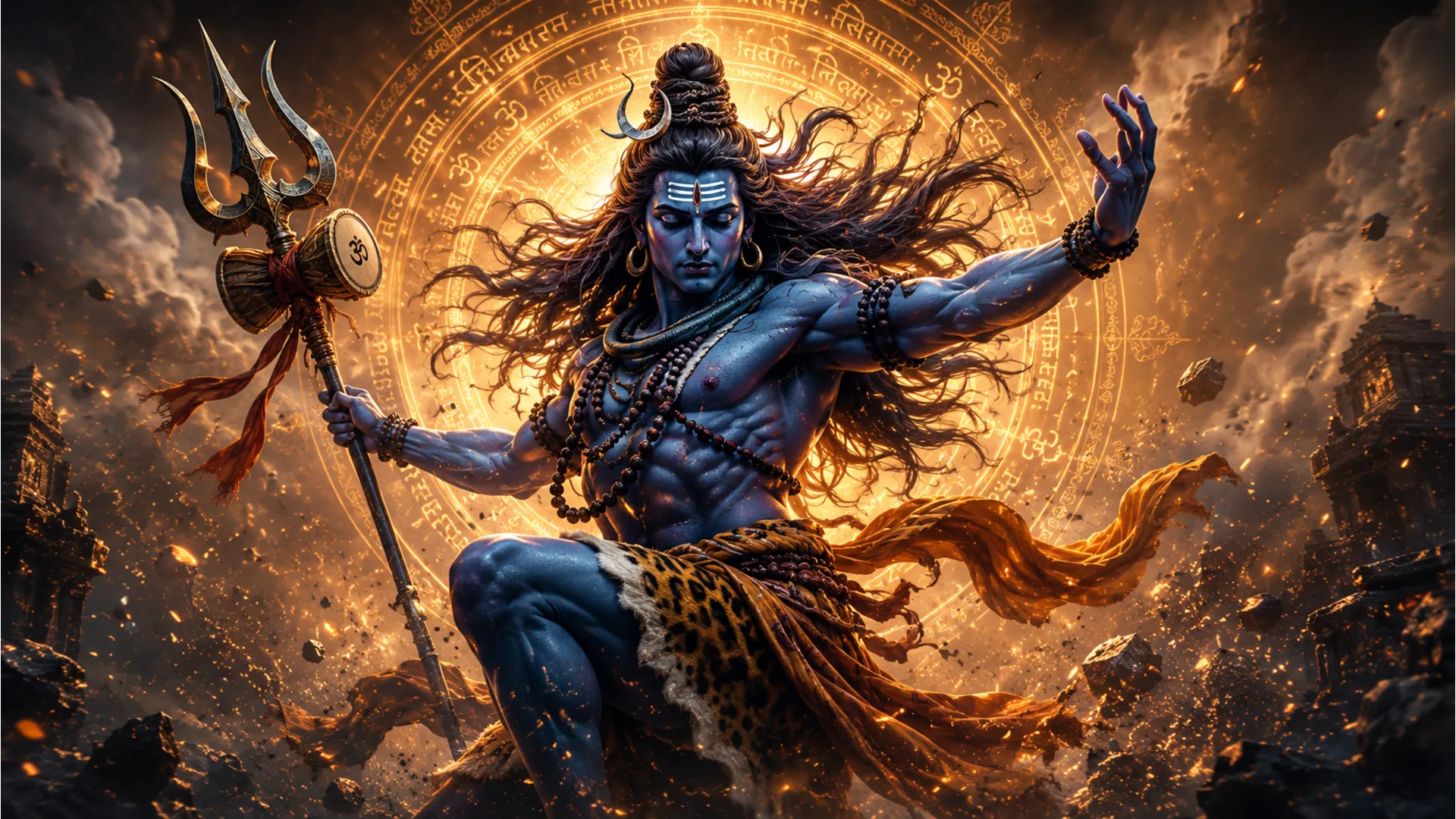 : Lord Shiva dances powerfully in a dramatic cosmic scene with a trident, glowing circular background, flying debris, and intense golden light.