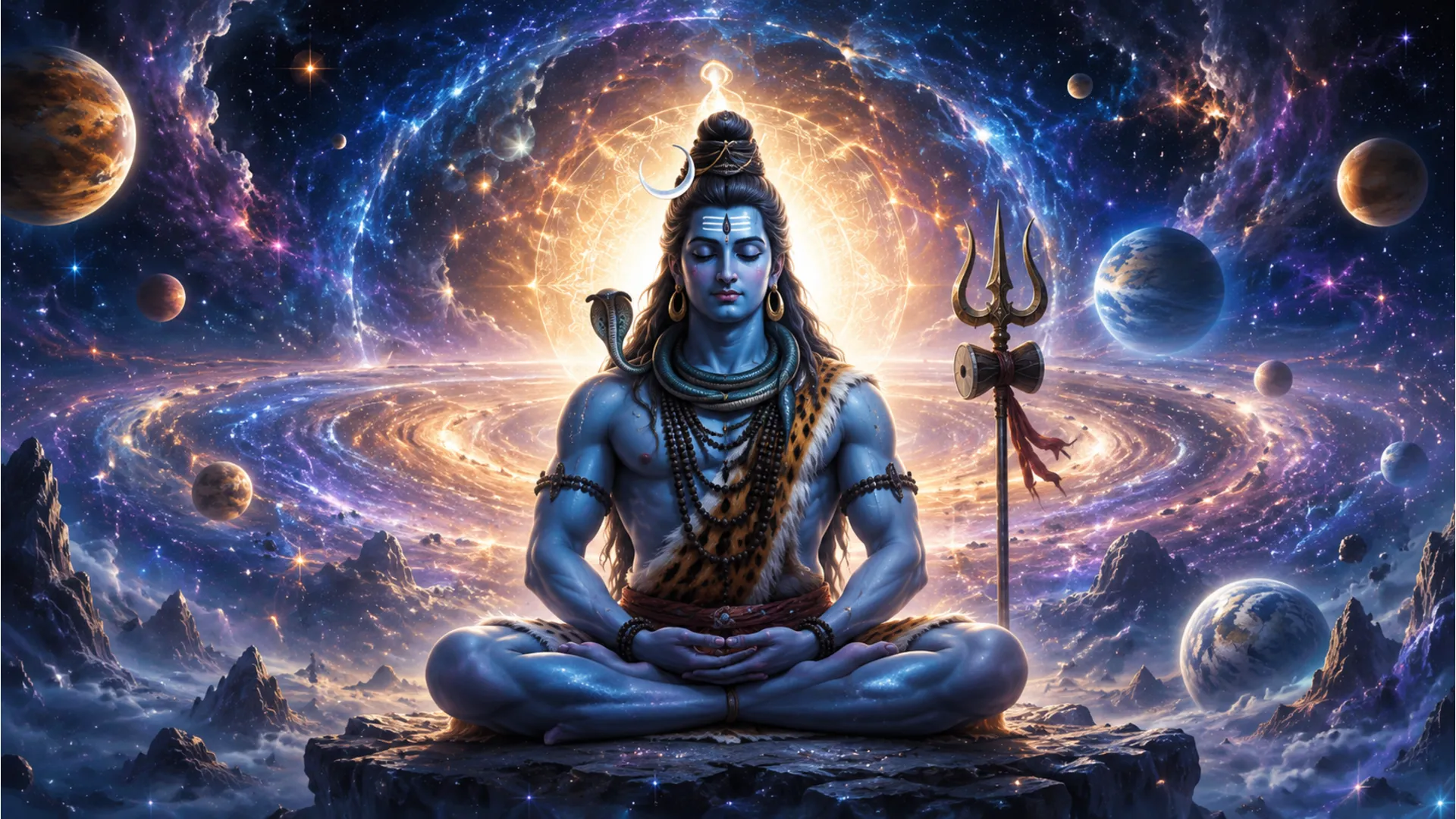 Lord Shiva meditates in a cosmic space scene surrounded by planets, glowing energy, clouds, and a radiant aura.