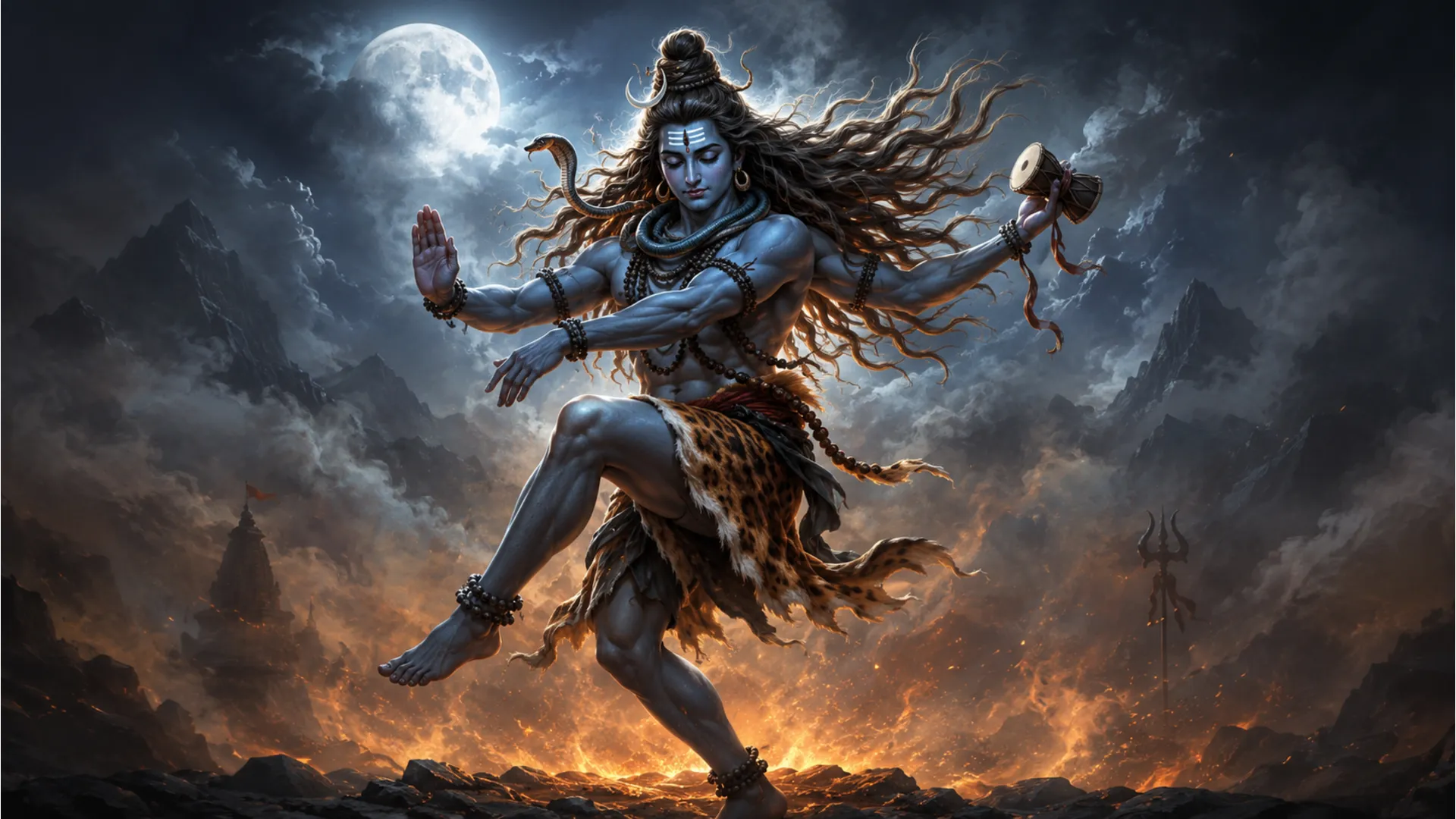 Lord Shiva dances in a smoky mystical scene with a crescent moon above, flowing hair, ornaments, and fire below.