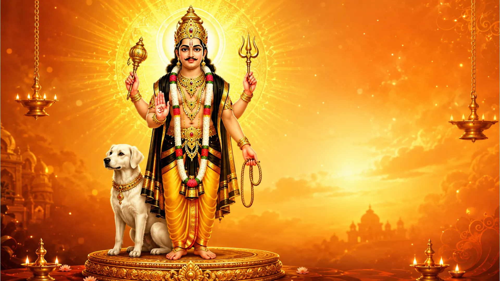 A richly adorned Hindu deity stands on a golden pedestal holding sacred objects, with a white dog beside him.