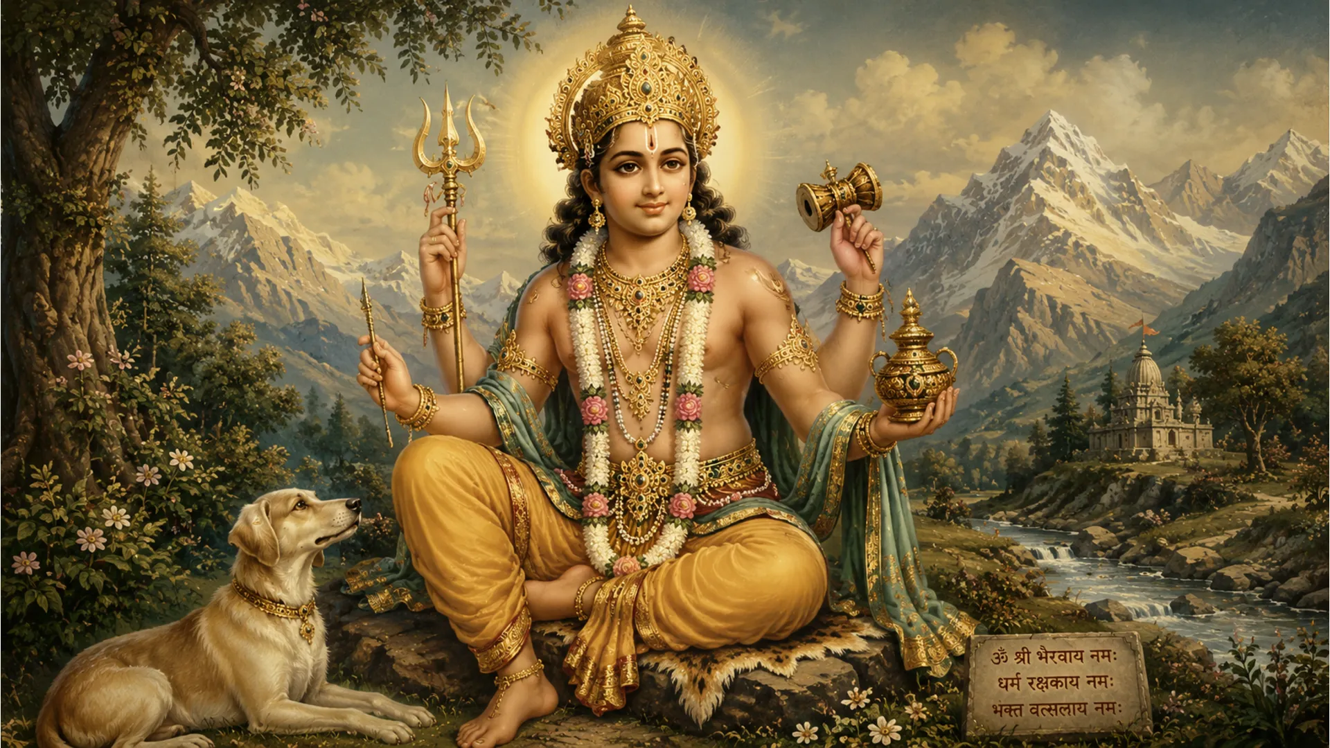 A divine child figure with ornaments and multiple symbolic objects sits in a forest-like setting with mountains, animals, and golden details.