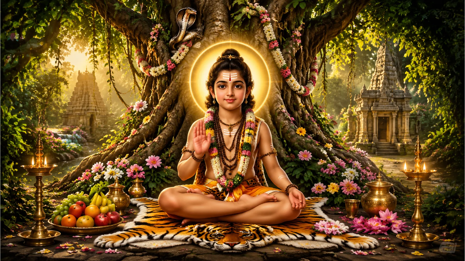 A glowing devotional artwork of a child saint seated under a mystical tree with flowers, lamps, offerings, and a cobra above.