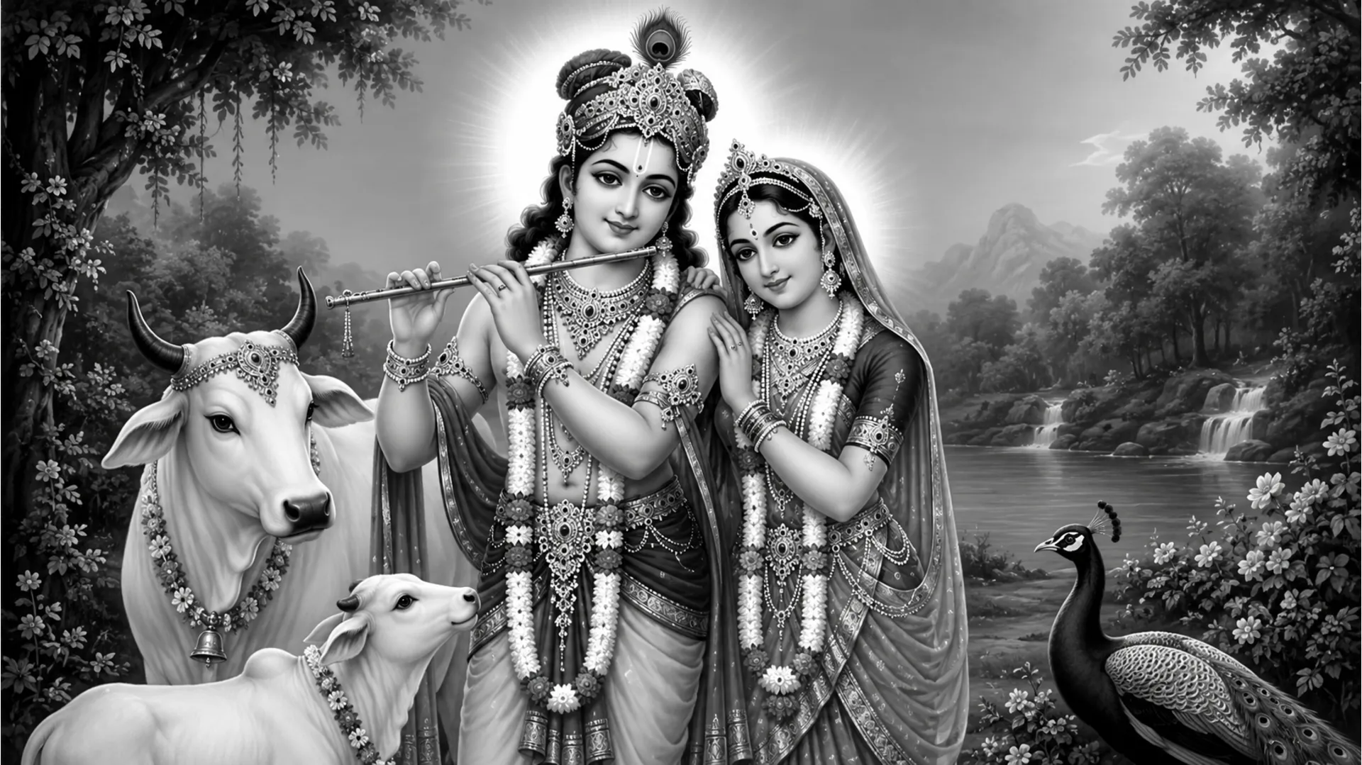 A black-and-white devotional artwork showing a divine couple standing with sacred animals, garlands, halos, and ceremonial details.