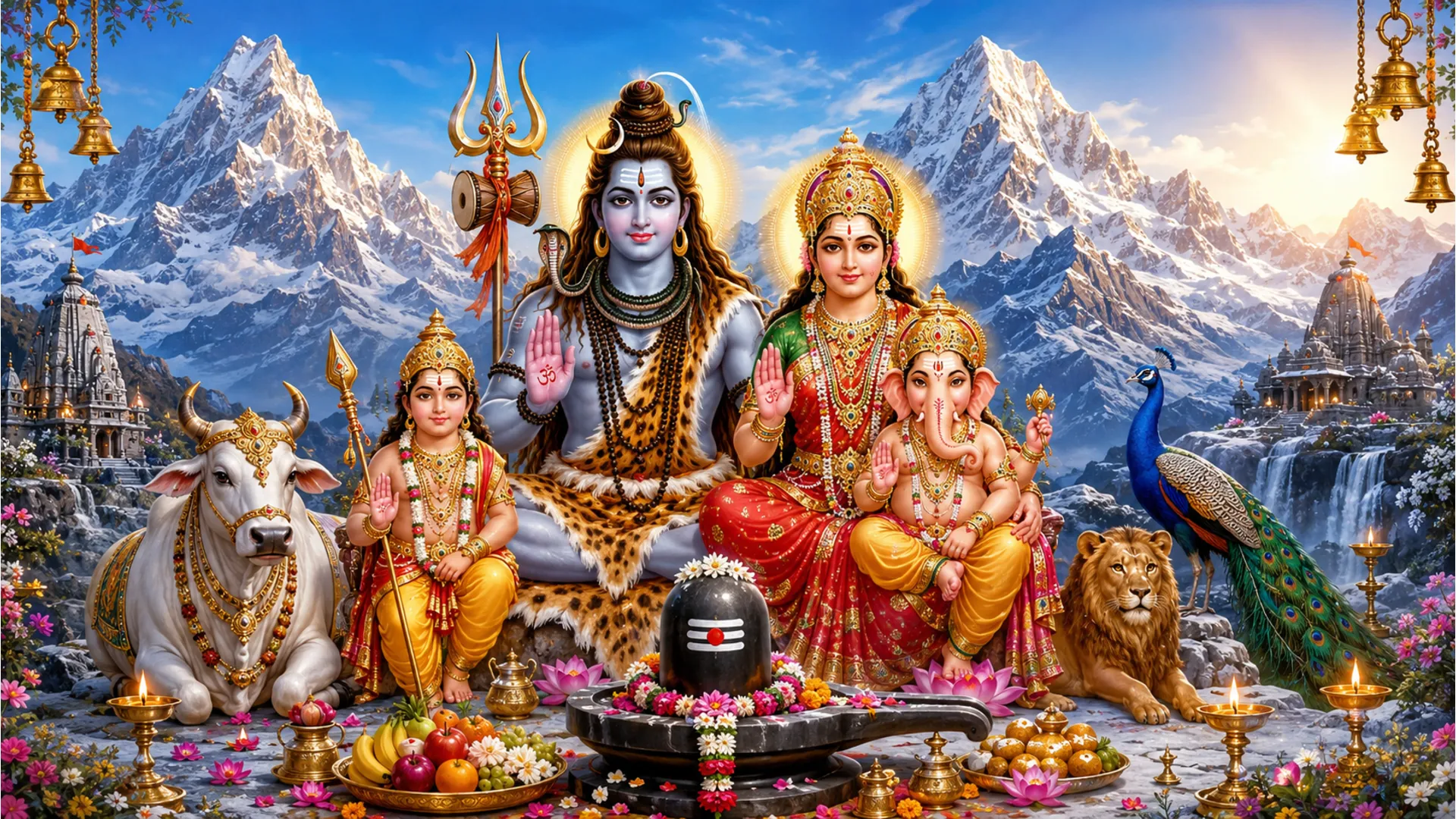 Lord Shiva and his divine family seated together before snowy mountains, with sacred animals, flowers, and lamps around them.