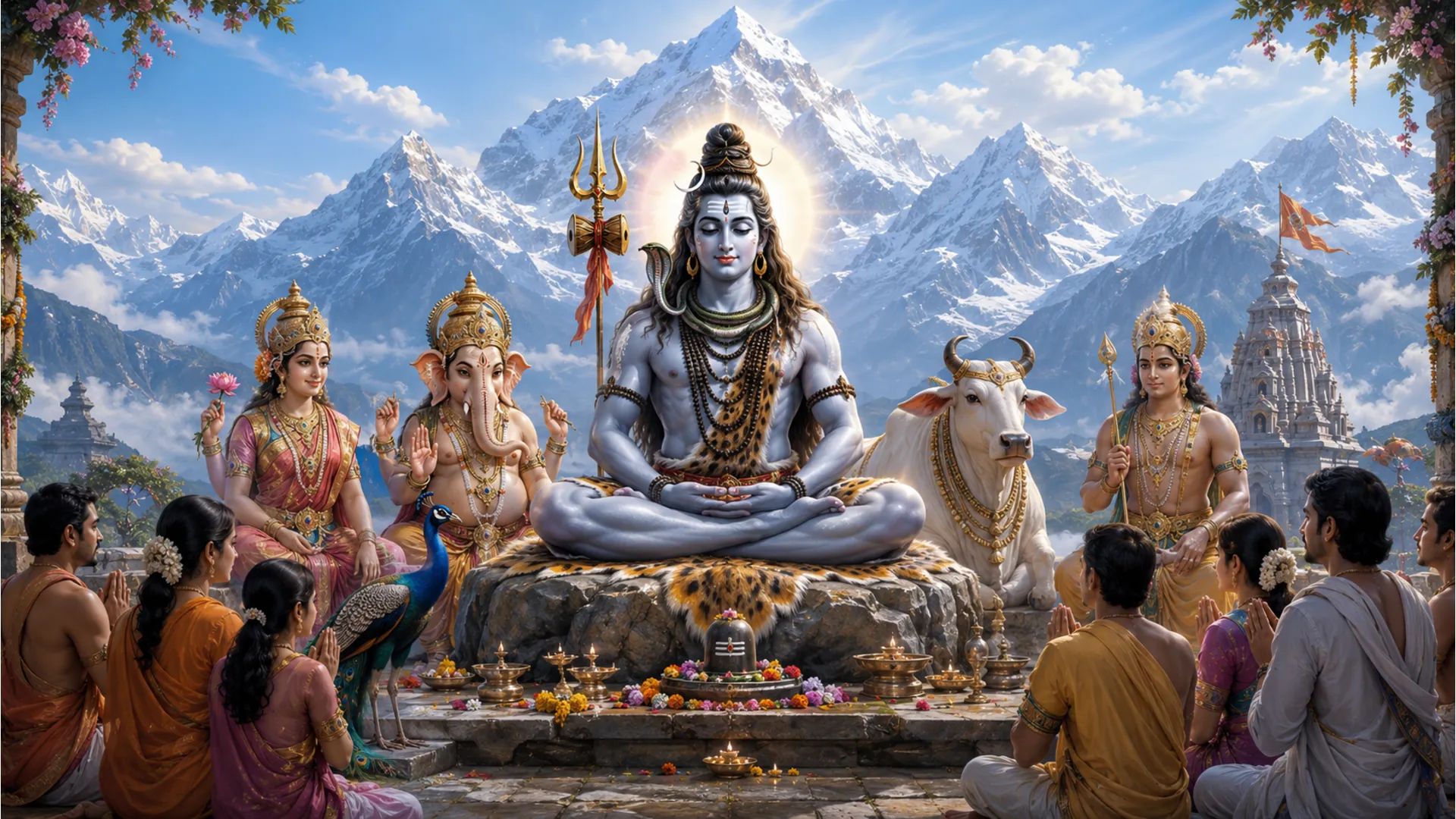 Hindu deities sit together before a snowy mountain peak while devotees kneel in prayer near a glowing sacred scene.
