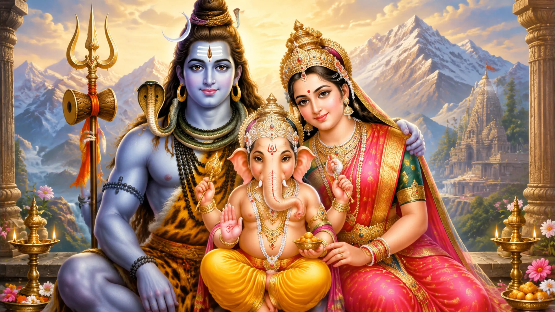 Lord Shiva, Goddess Parvati, and Lord Ganesha sit together in a colorful devotional family portrait.