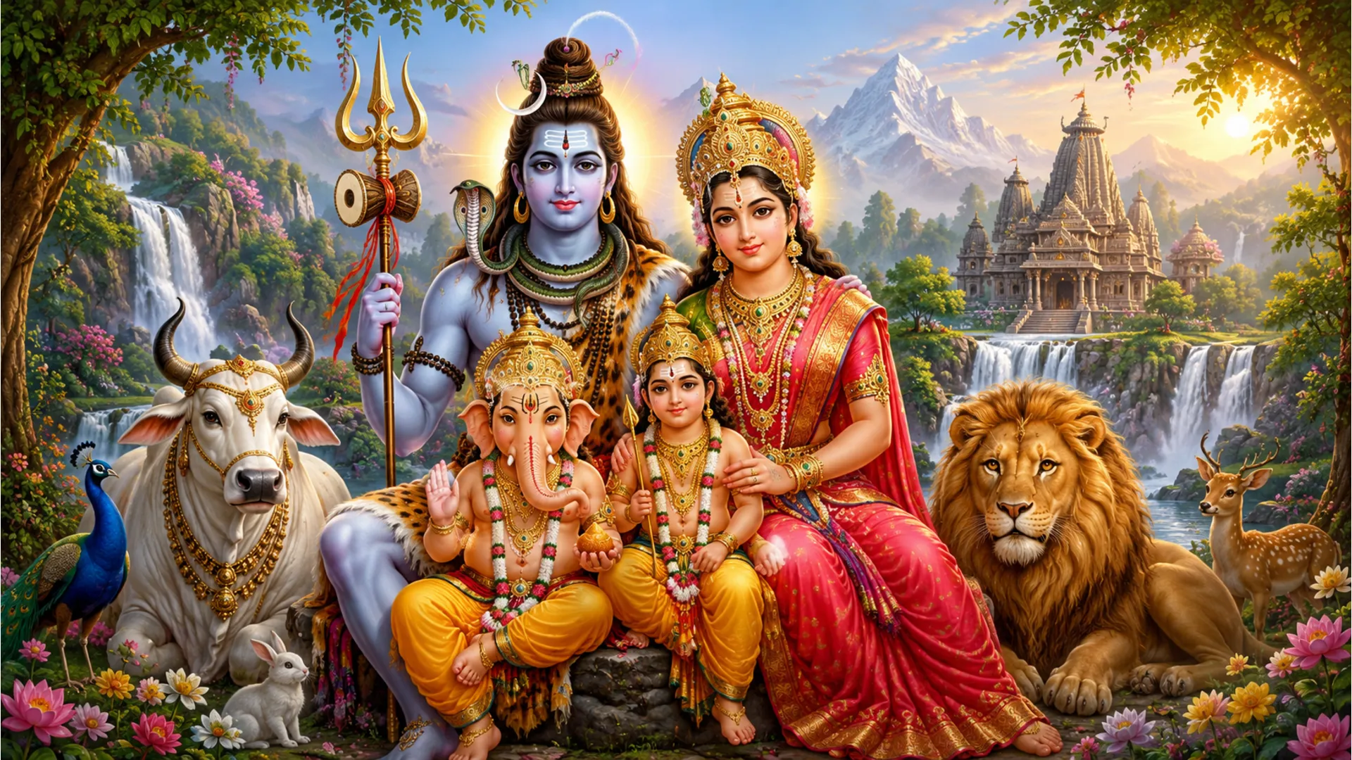 Lord Shiva and Goddess Parvati sit with children and sacred animals in a lush landscape with waterfalls, flowers, and a temple in the distance.