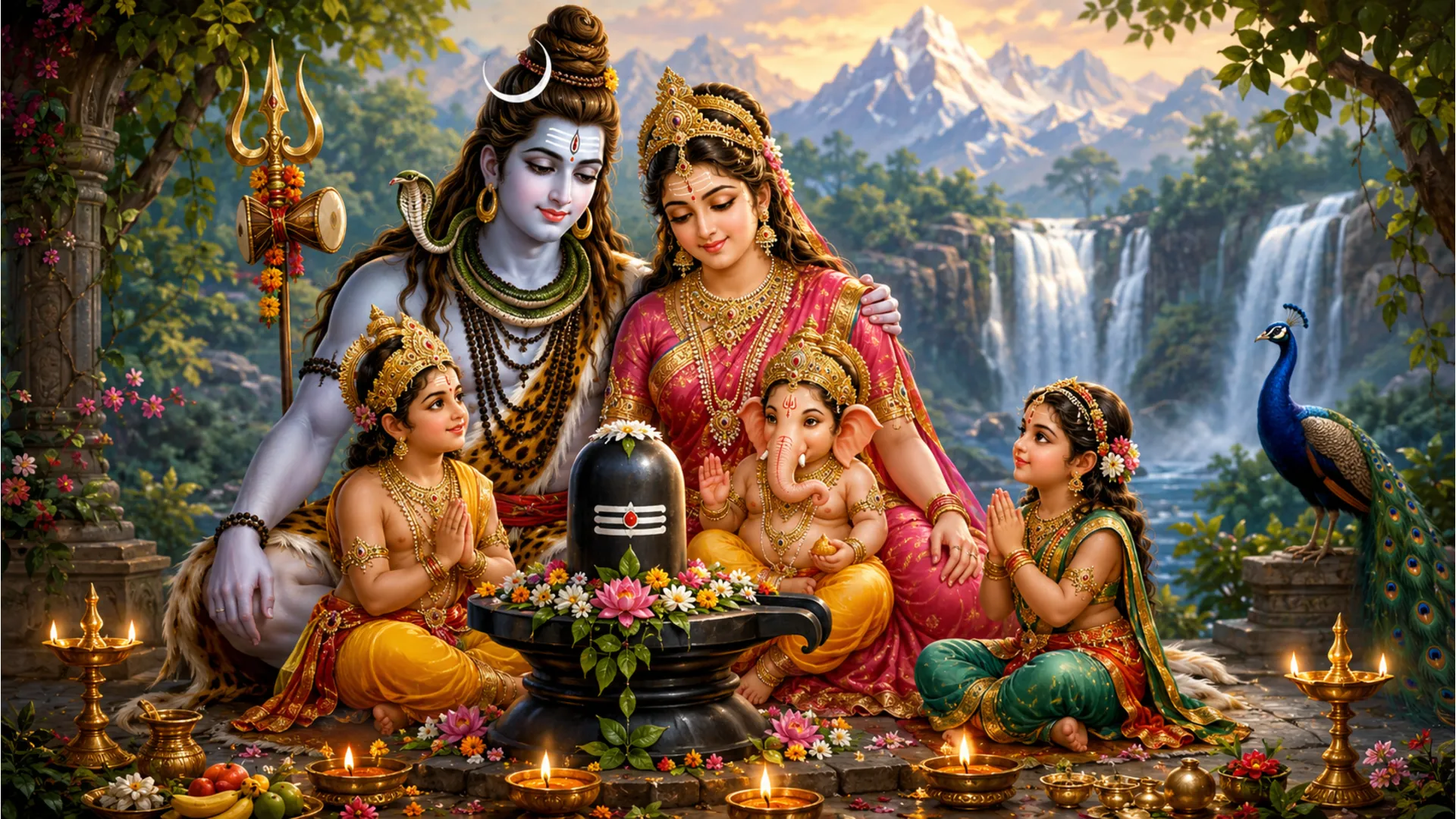 A devotional family scene with Lord Shiva, Goddess Parvati, children, a Shiva lingam, lamps, mountains, waterfalls, and flowers.