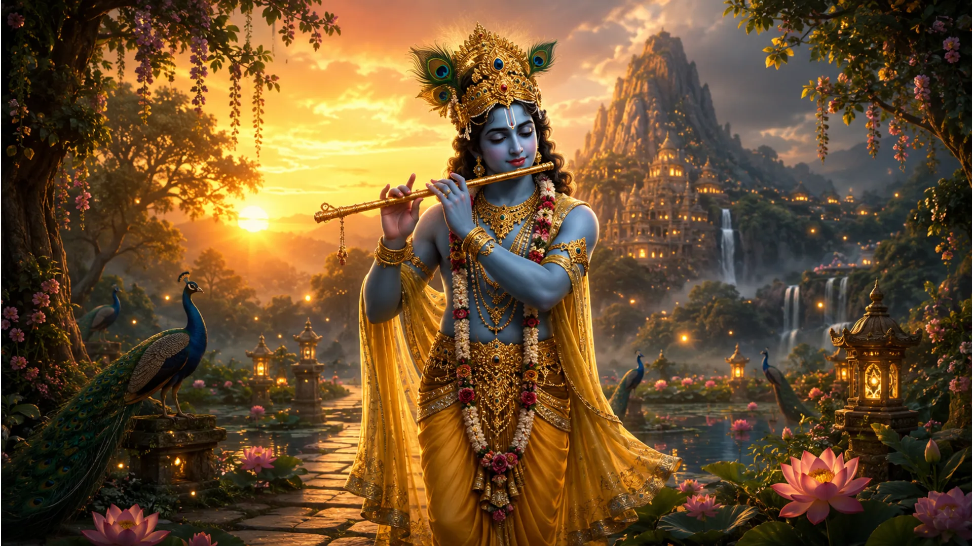 Blue-skinned divine figure playing a flute in a glowing forest with peacocks and lotus flowers.