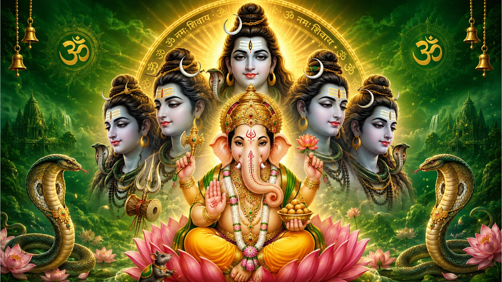 A symbolic image shows multiple serene faces of Shiva with Ganesha in the center, surrounded by a bright halo and serpent forms.