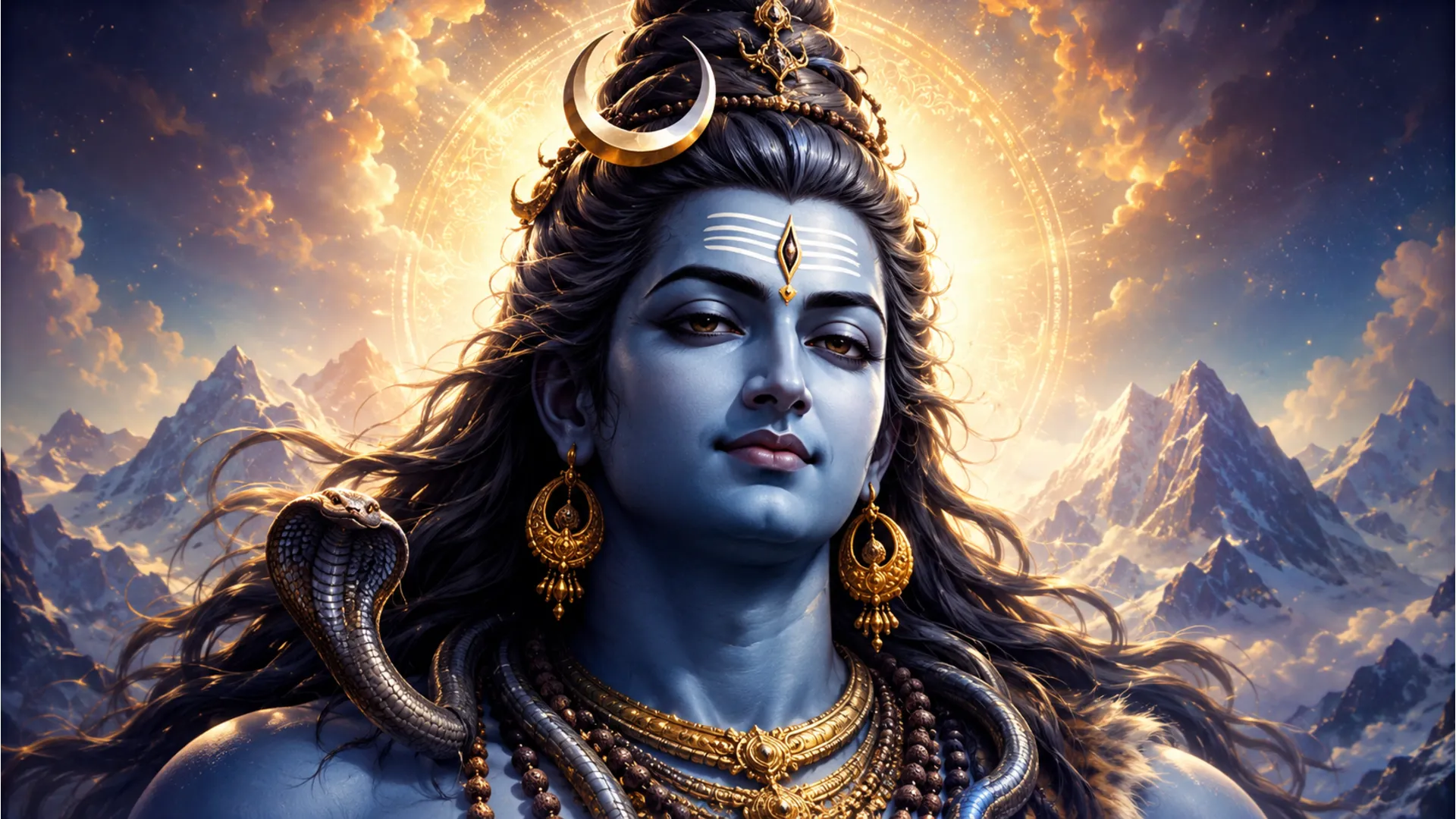 A close-up artistic portrait of Lord Shiva adorned with golden jewelry and sacred ornaments.