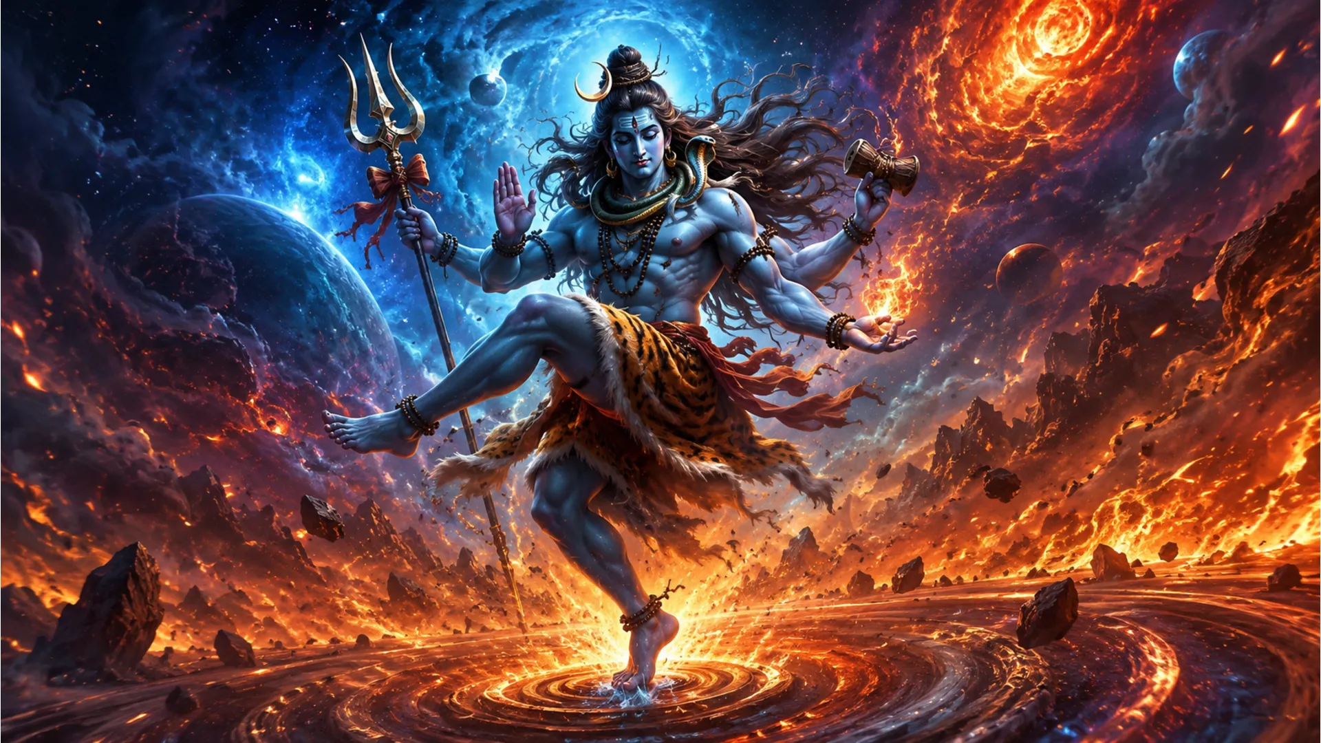 A glowing blue form of Lord Shiva meditating above a sacred lingam with flowers and light rays.
